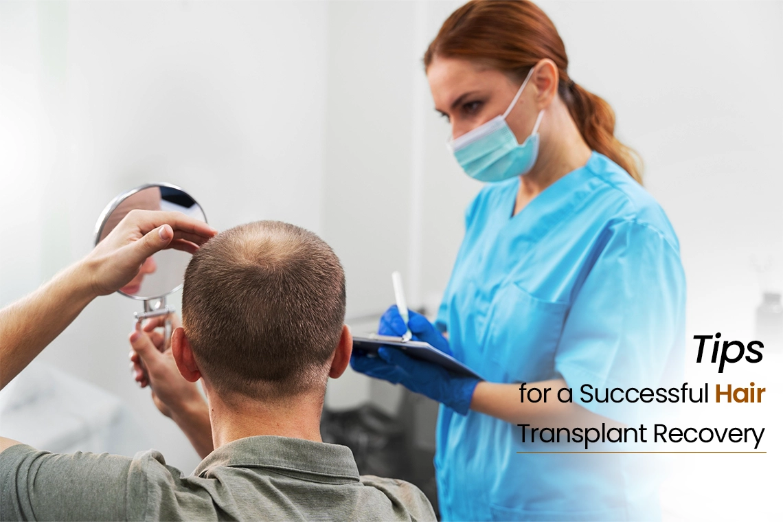 Doctor examining scalp and noting progress after hair transplant procedure while patient checks hair growth using mirror during recovery consultation at clinic.