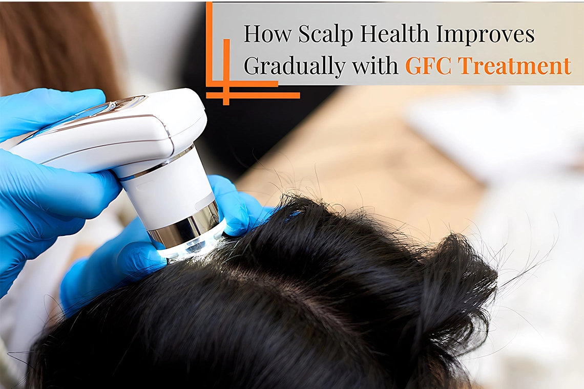 Dermatologist performing GFC treatment on scalp to improve hair growth and scalp health, highlighting advanced GFC therapy in Hyderabad for stronger roots and gradual hair restoration.