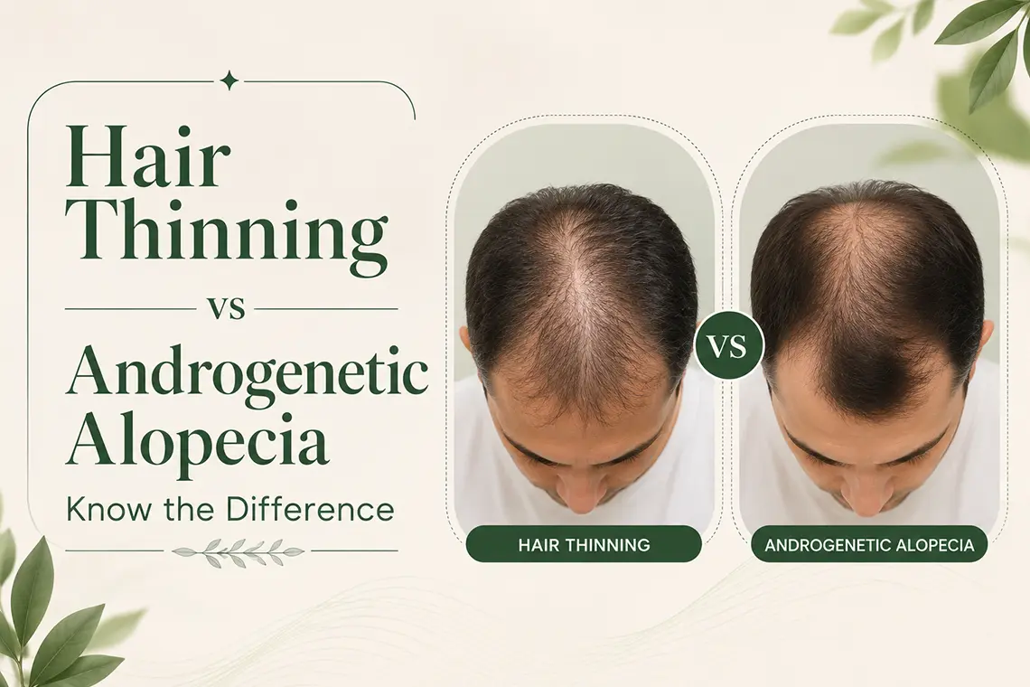 Comparison of hair thinning and androgenetic alopecia showing varying patterns of hair loss, scalp visibility, and follicle changes to help identify the condition accurately.