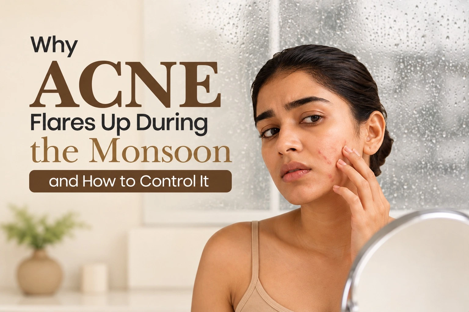 Woman examining acne on her face in a mirror, learning about monsoon skin flare-ups and acne treatment options from the best dermatologist in Hyderabad.