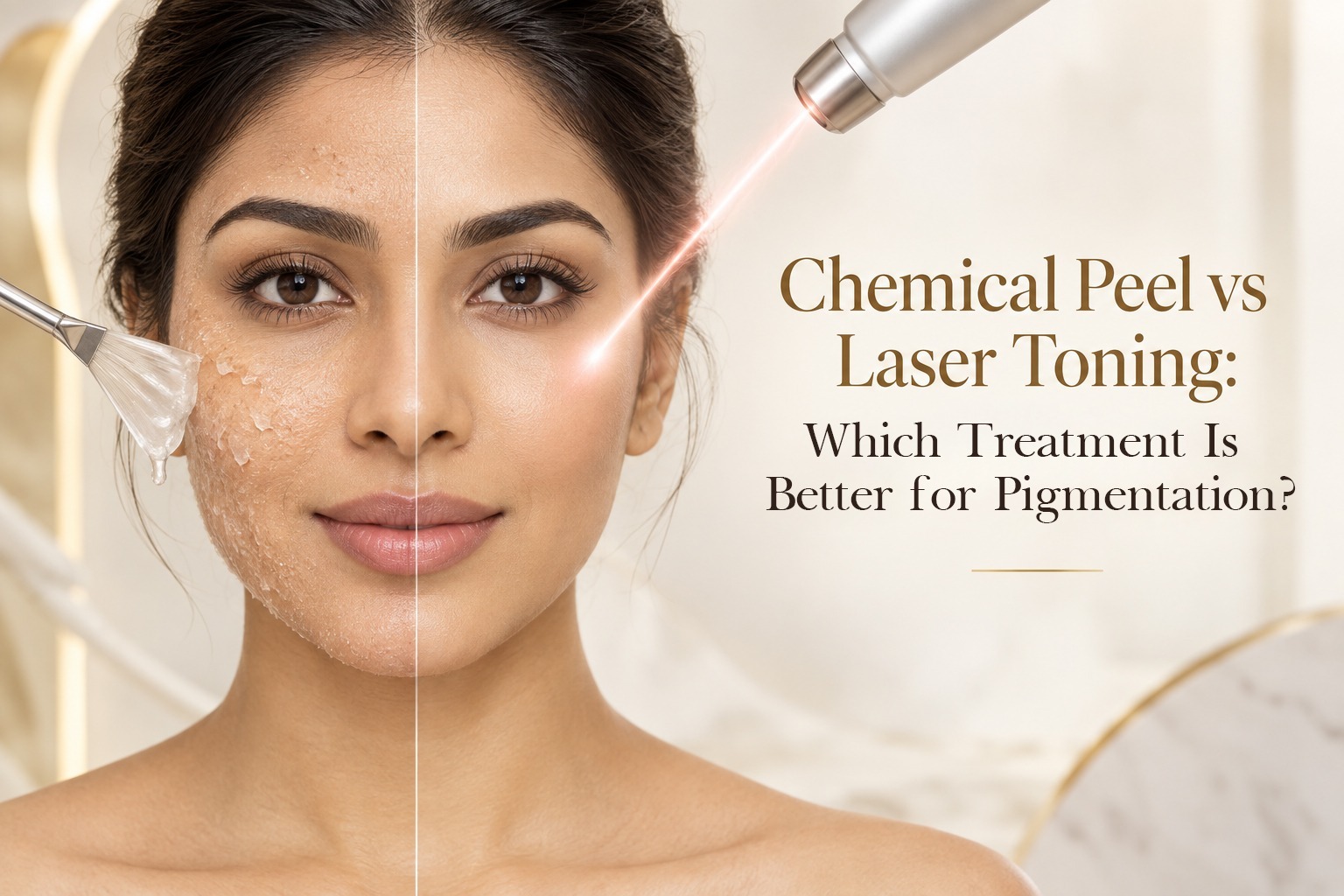 Split-face graphic showing chemical peel brush application versus laser toning treatment in hyderabad for pigmentation removal at a professional skin clinic.