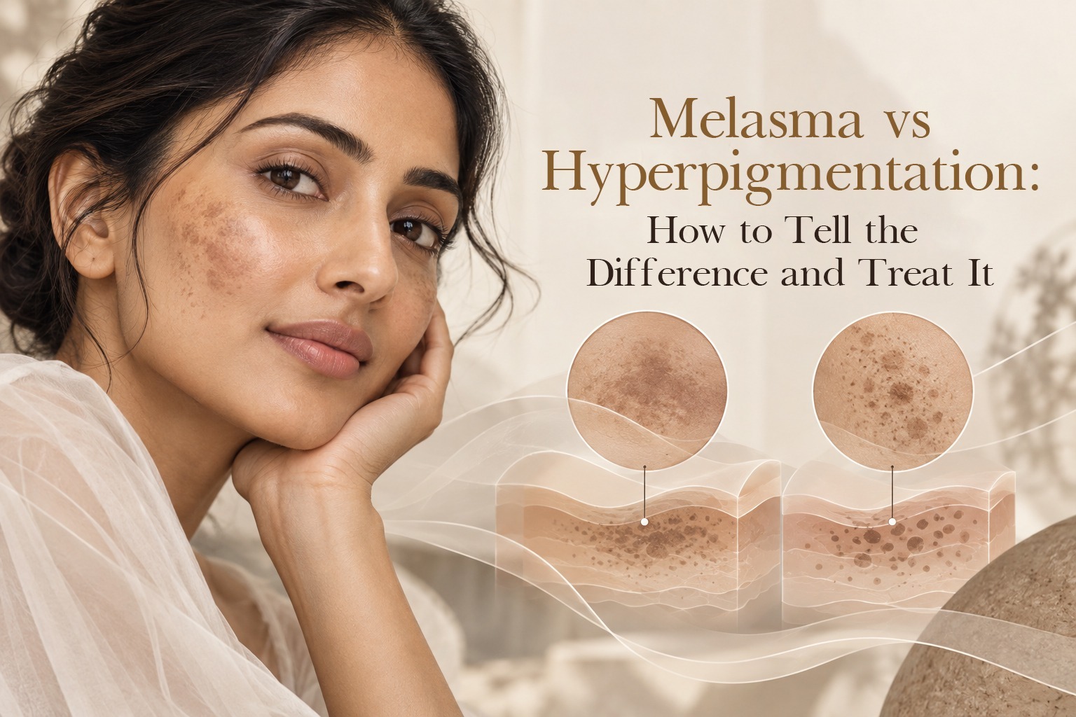 Woman with melasma facial spots alongside skin cross-section diagram showing hyperpigmentation treatment in hyderabad at a professional skin clinic.