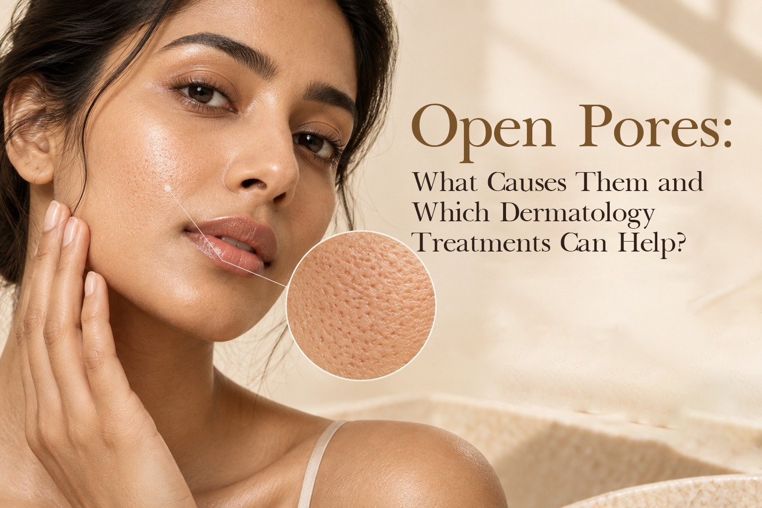 Woman touch cheek close-up macro enlarged skin pores causes treatments open pores best dermatologist in hyderabad skin clinic.